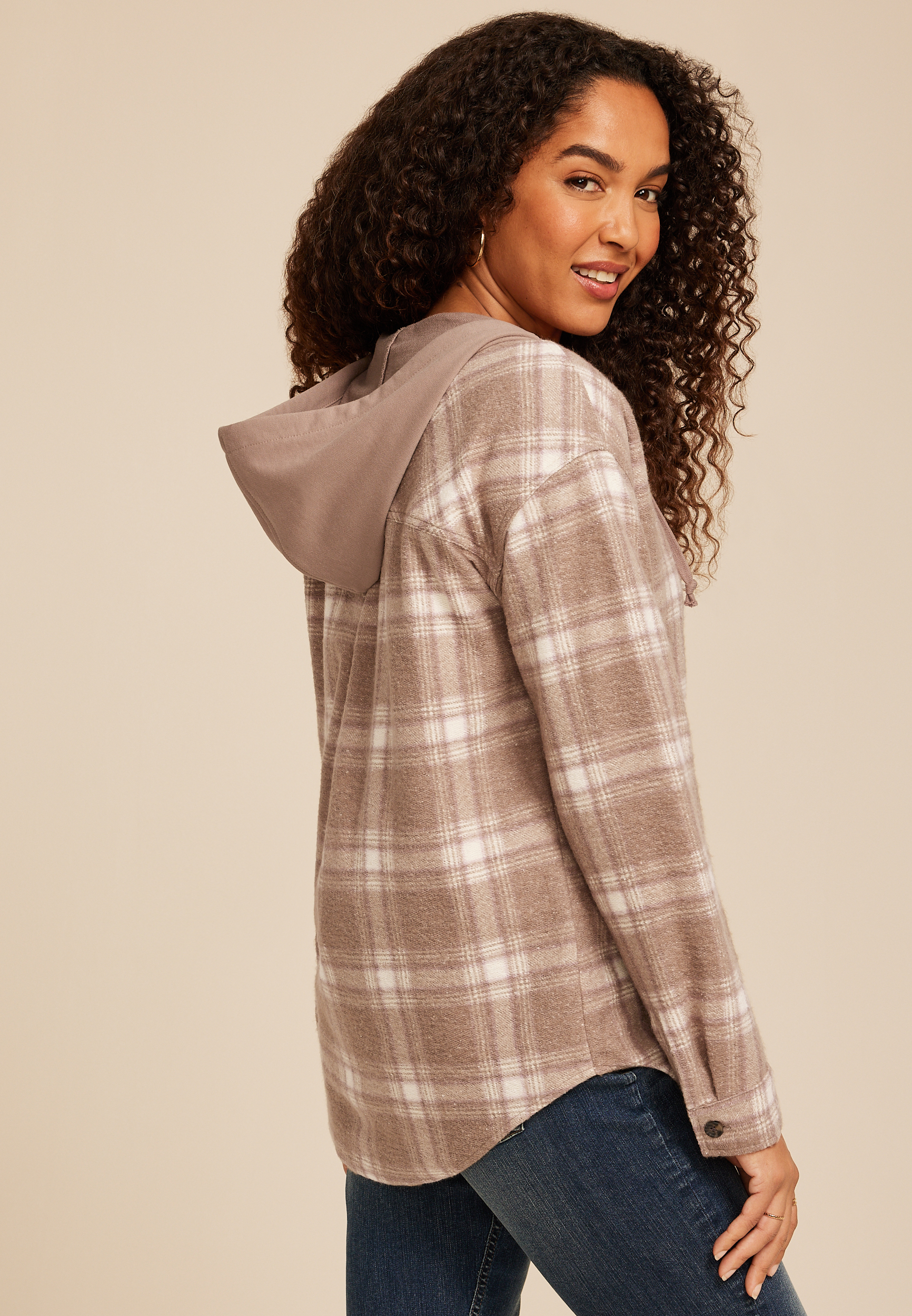 Vintage Plaid Hooded Shacket, ASHWOOD COMBO, large
