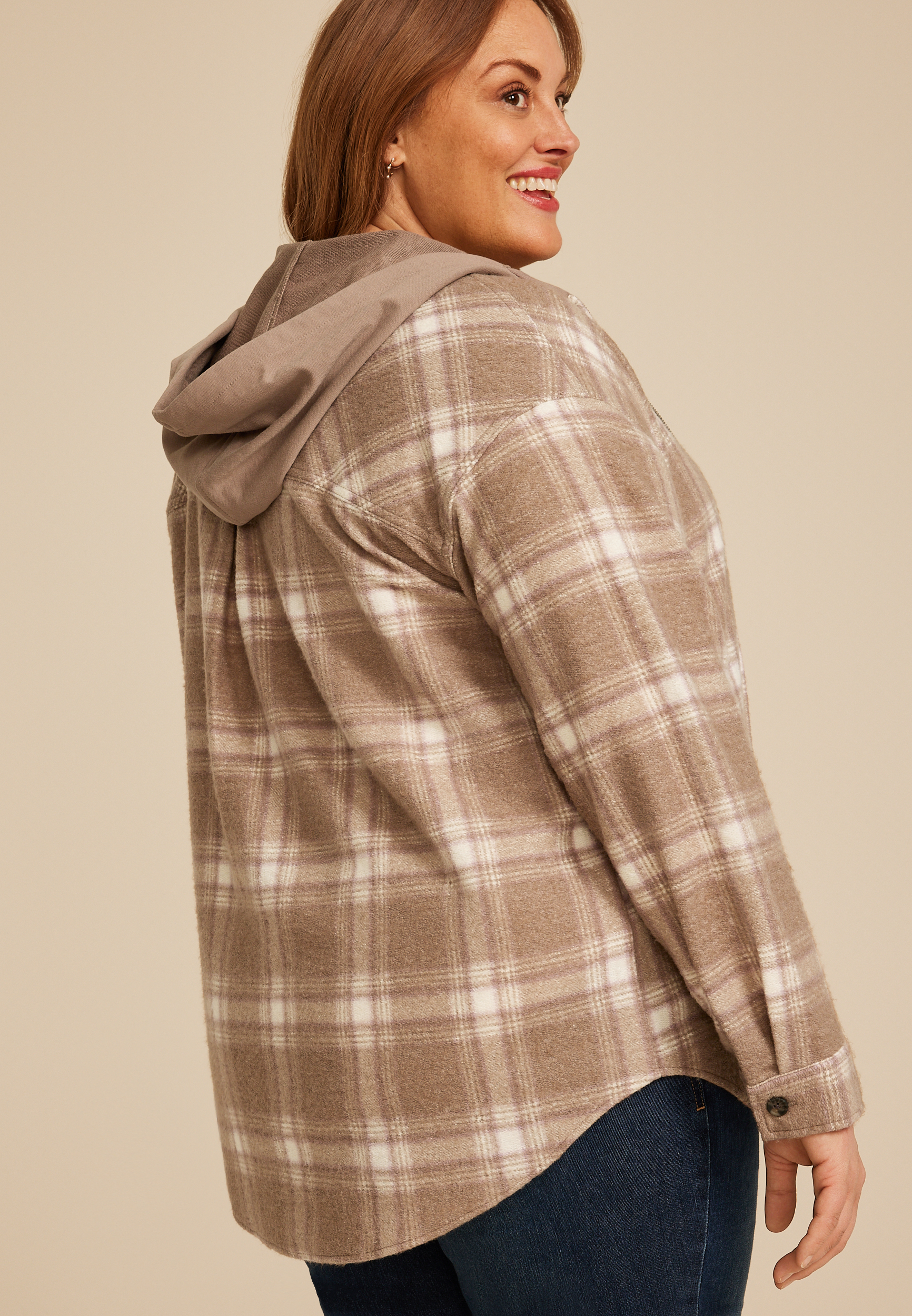 Plus Size Vintage Plaid Hooded Shacket, C3410, large