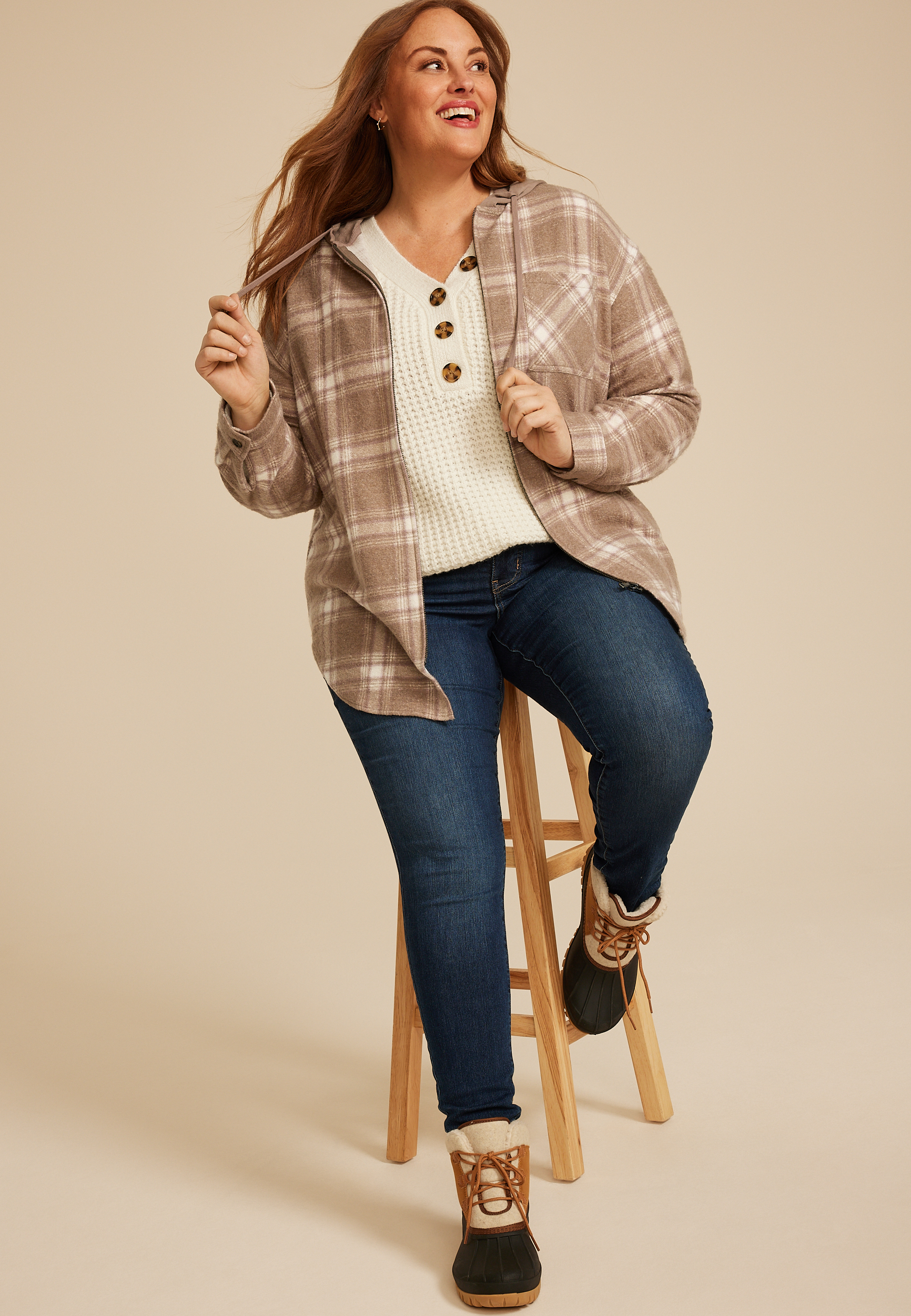 Plus Size Vintage Plaid Hooded Shacket, C3410, large