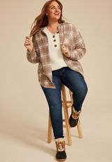 Plus Size Vintage Plaid Hooded Shacket, C3410, small
