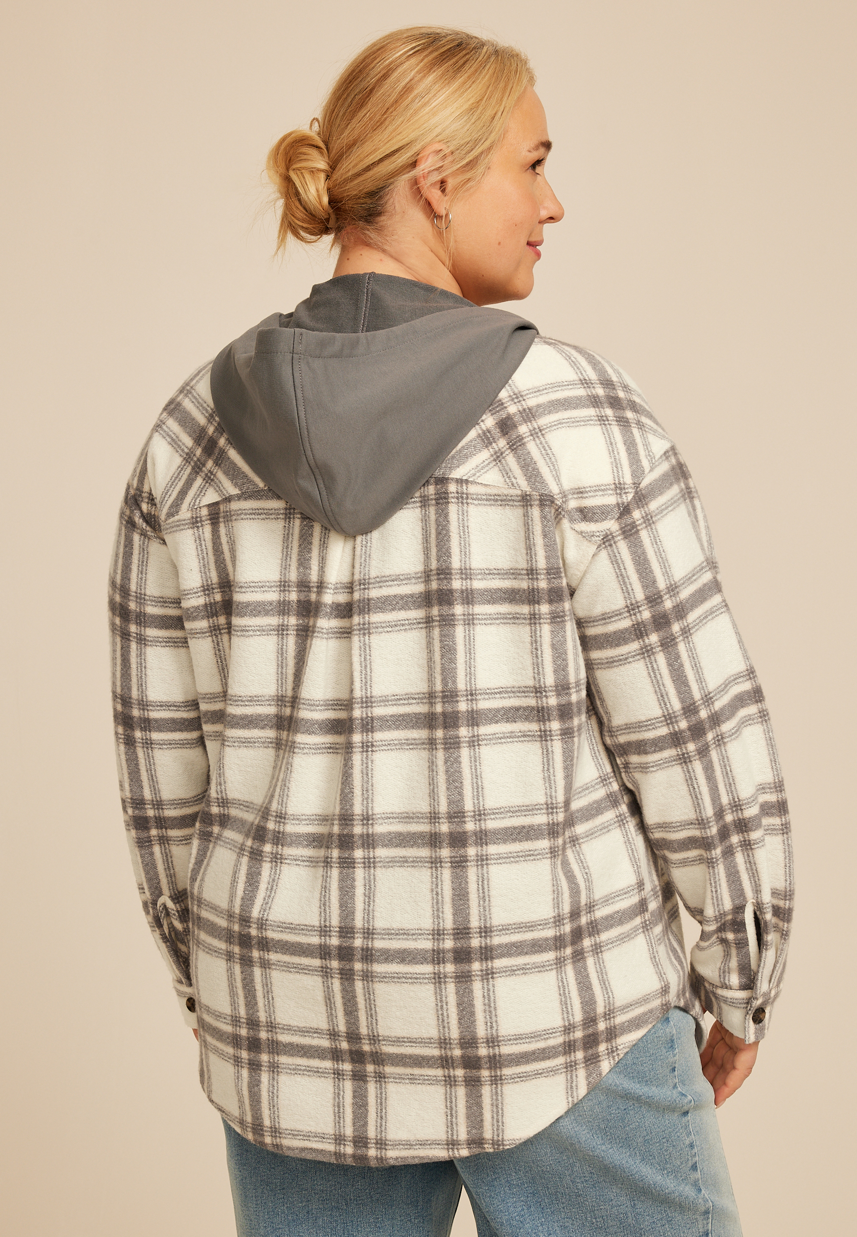 Plus Size Vintage Plaid Hooded Shacket, C1755, large