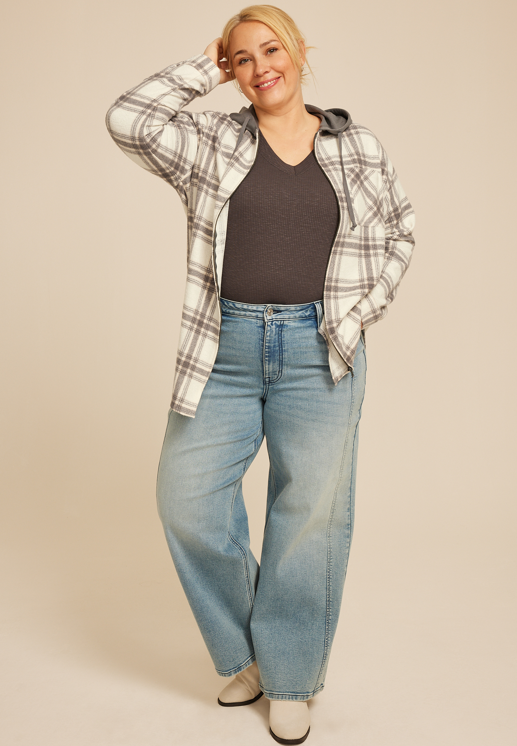 Plus Size Vintage Plaid Hooded Shacket, C1755, large