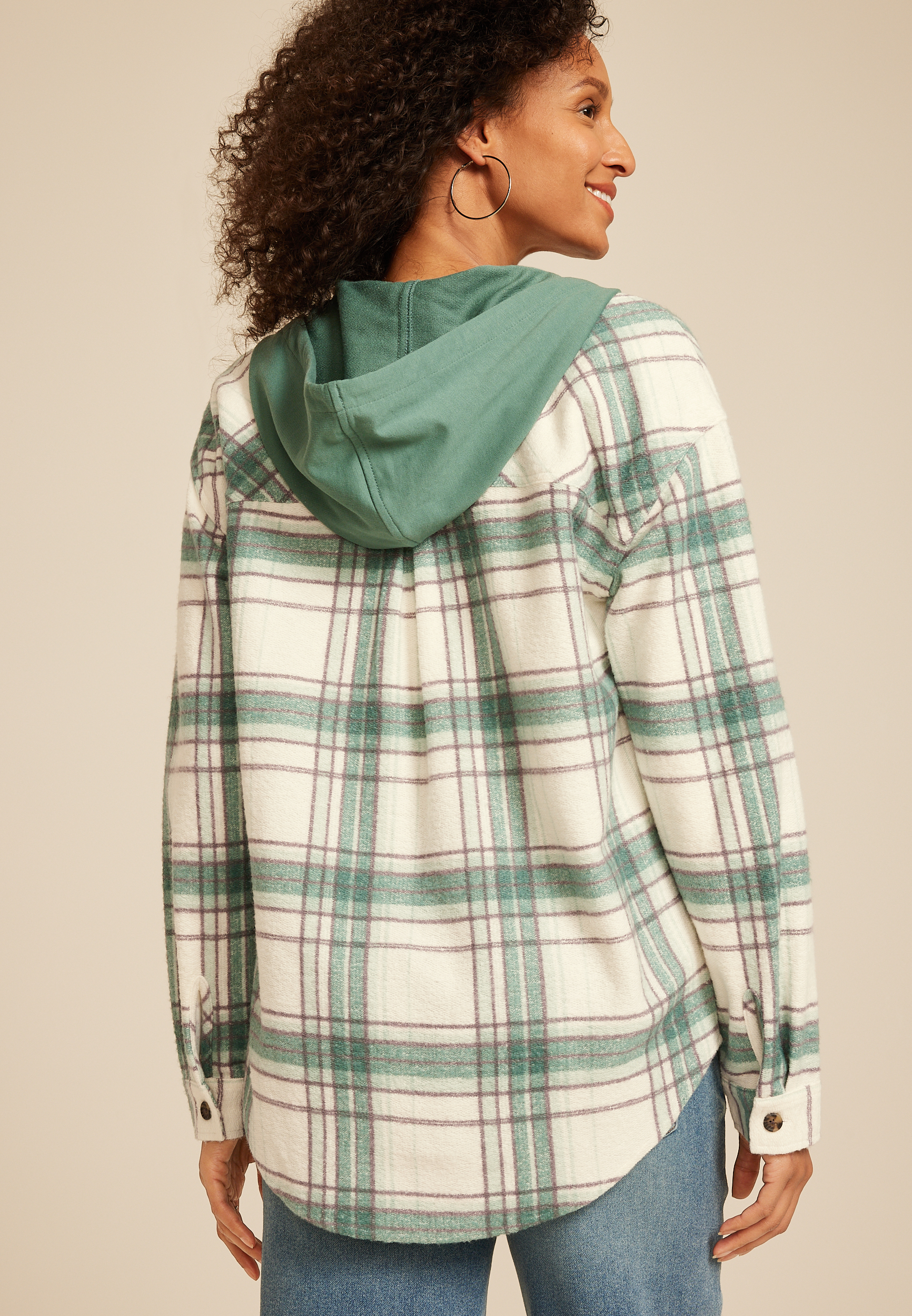 Vintage Plaid Hooded Shacket, CREAM COMBO, large