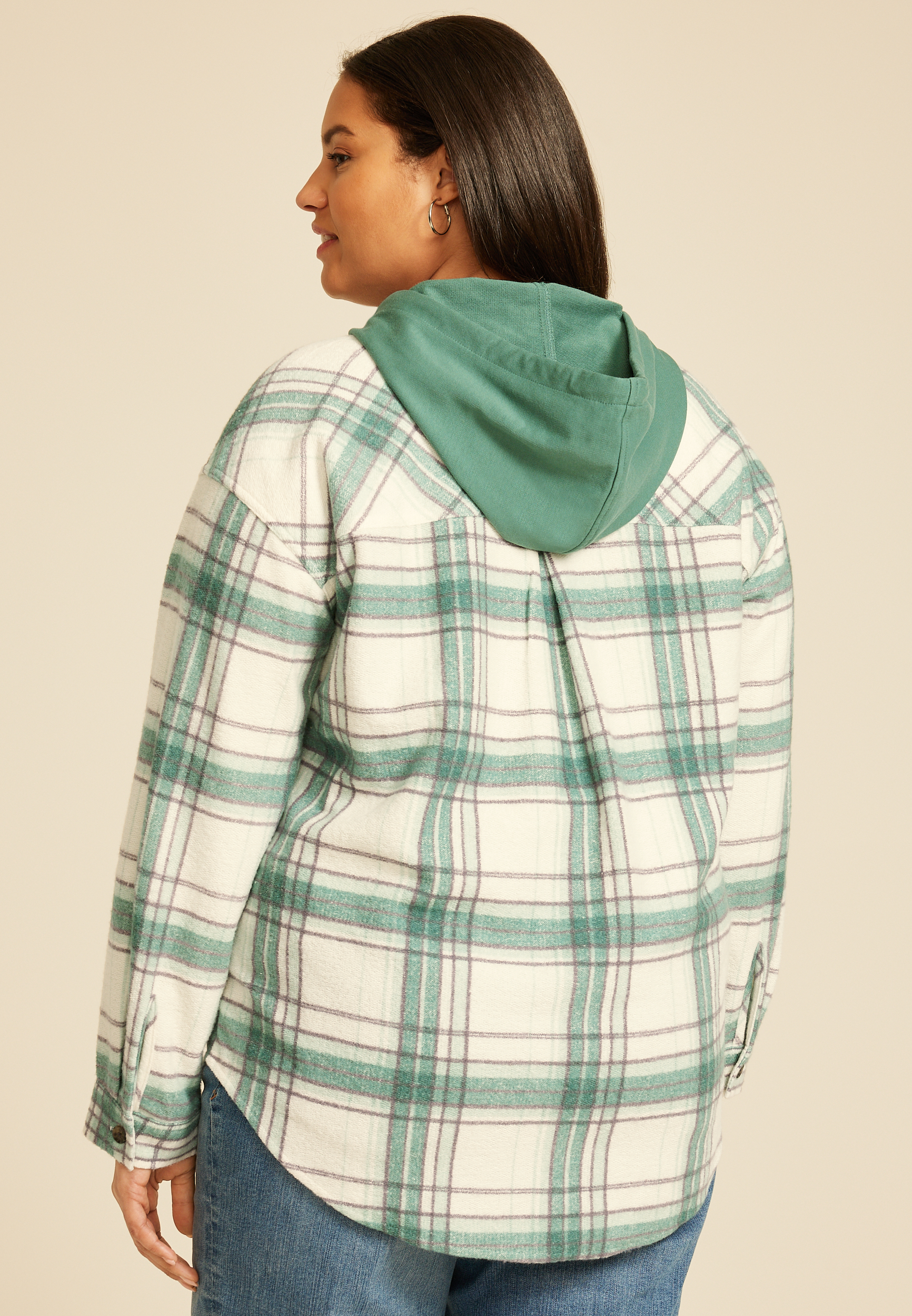 Plus Size Vintage Plaid Hooded Shacket, C4563, large