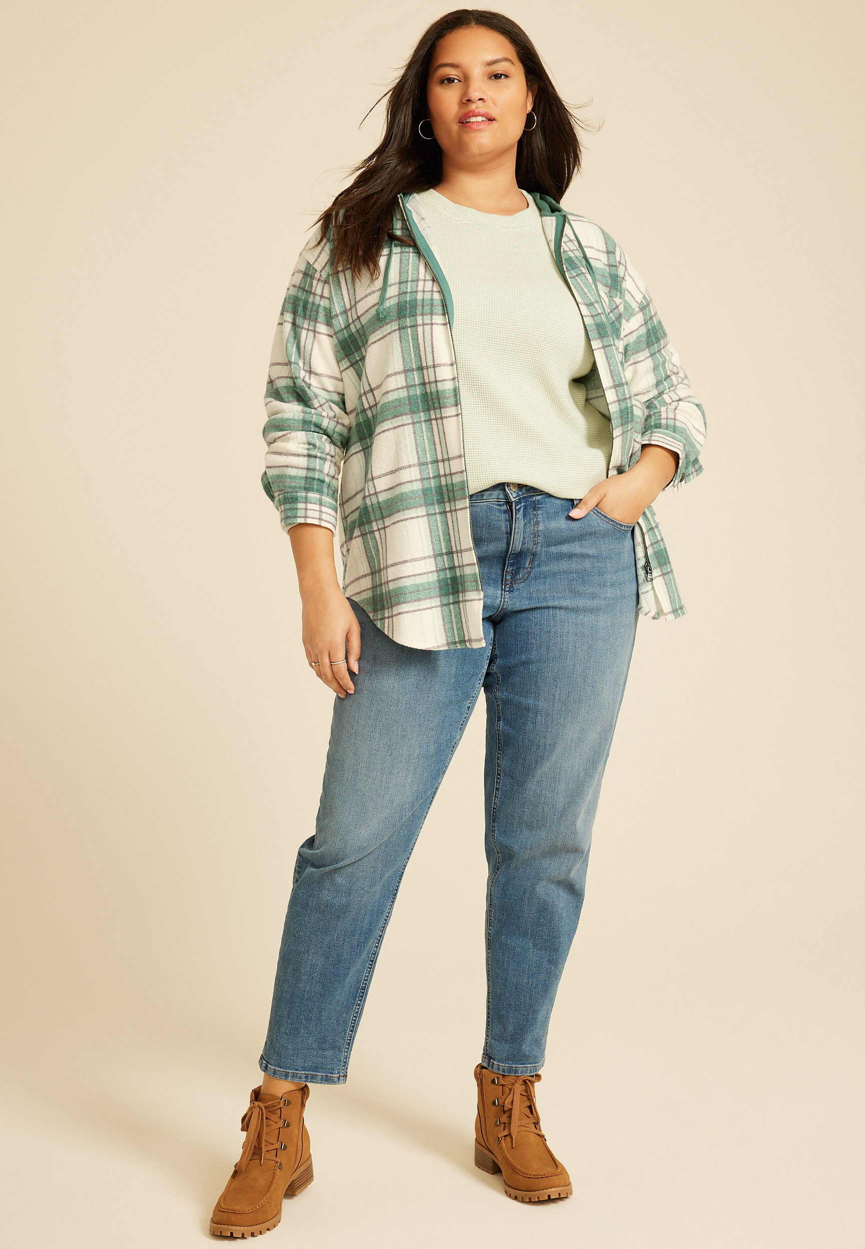 Plus Size Vintage Plaid Hooded Shacket, C4563, large