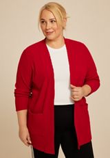Plus Size Ribbed Open Front Cardigan, REBEL RED, small