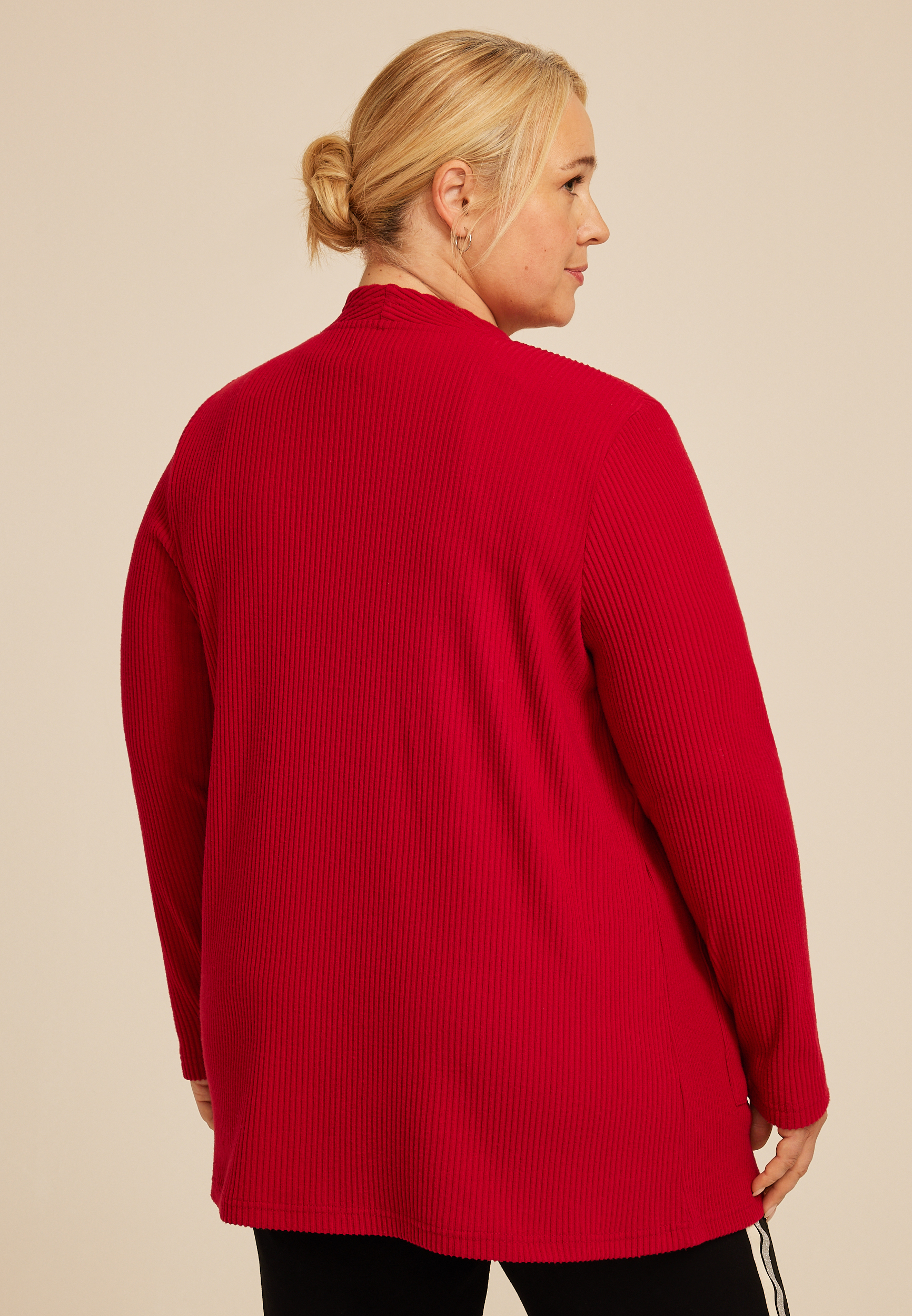 Plus Size Ribbed Open Front Cardigan, REBEL RED, large