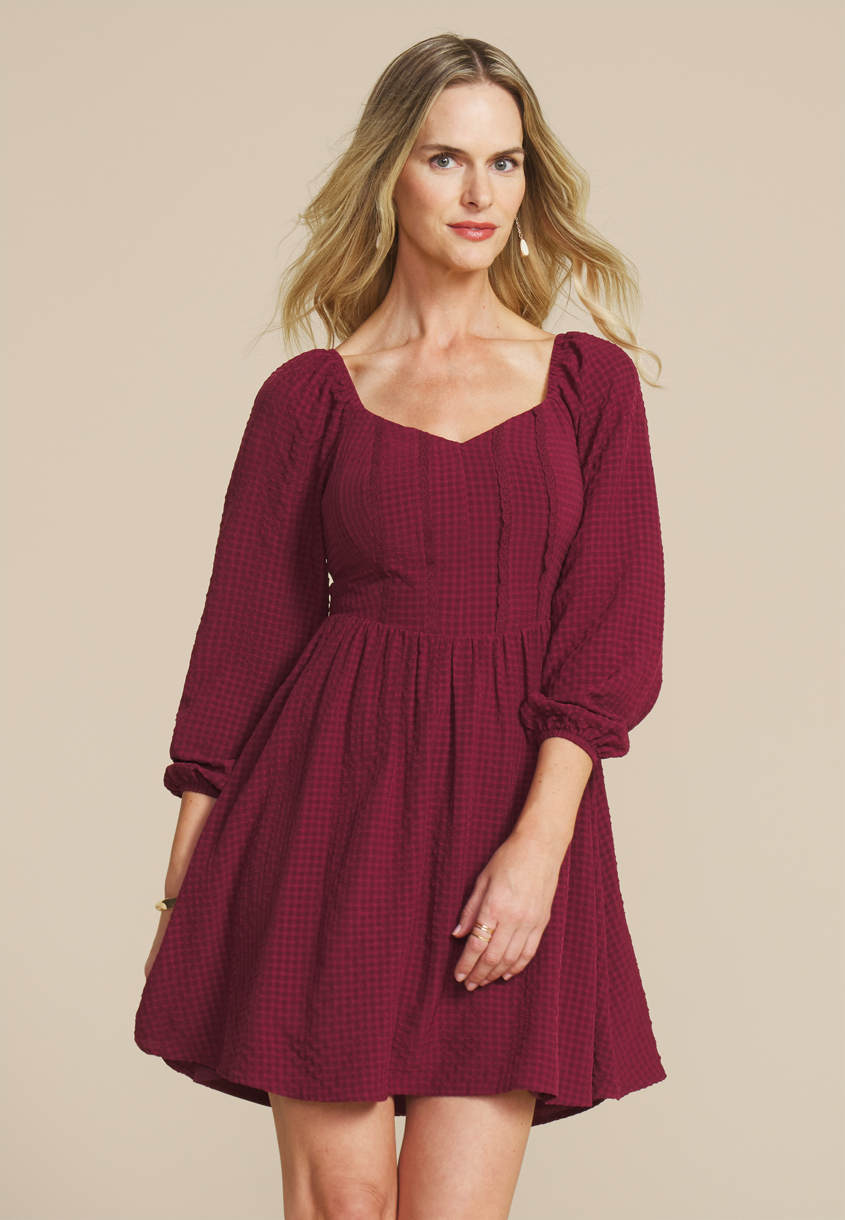 Checkered Sweetheart Long Sleeve Mini Dress