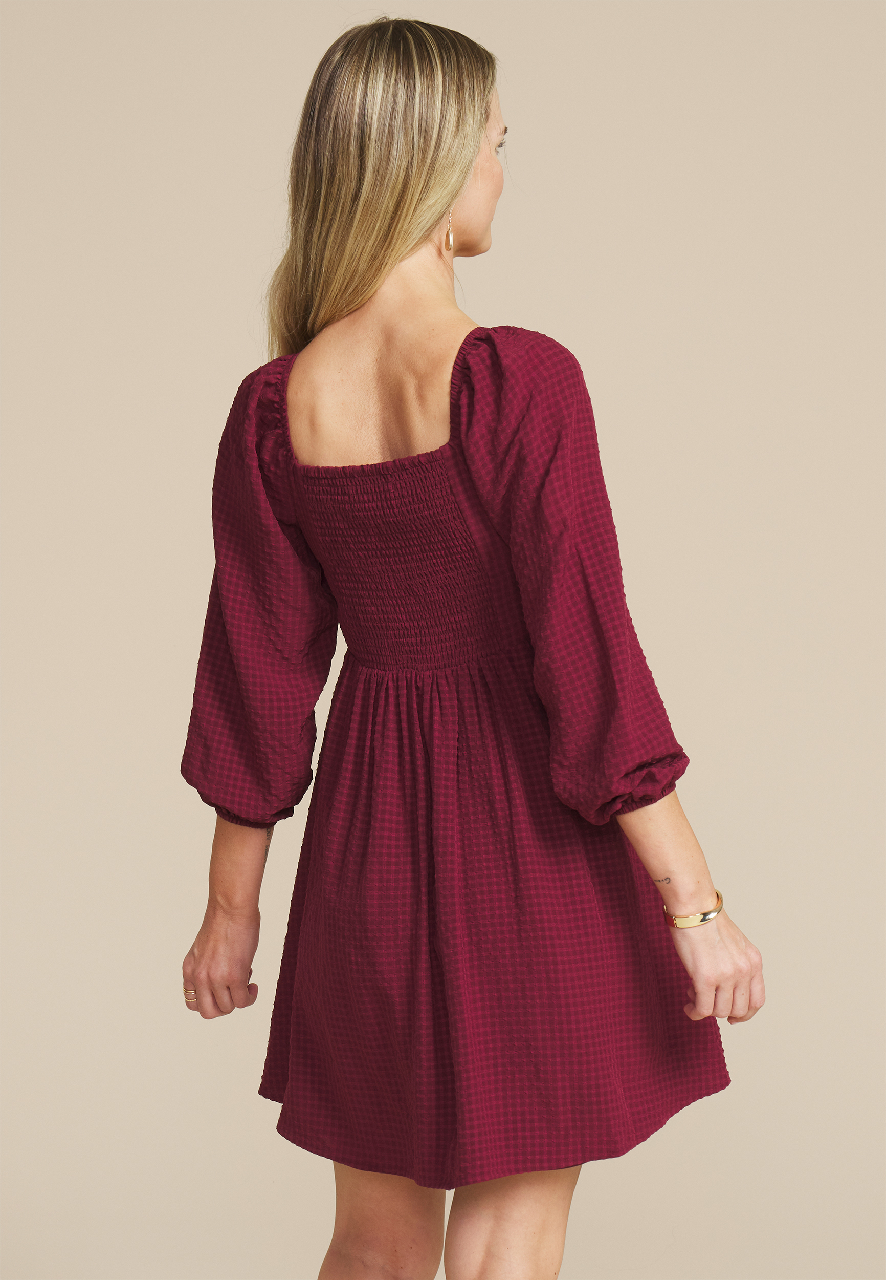 Checkered Sweetheart Long Sleeve Mini Dress