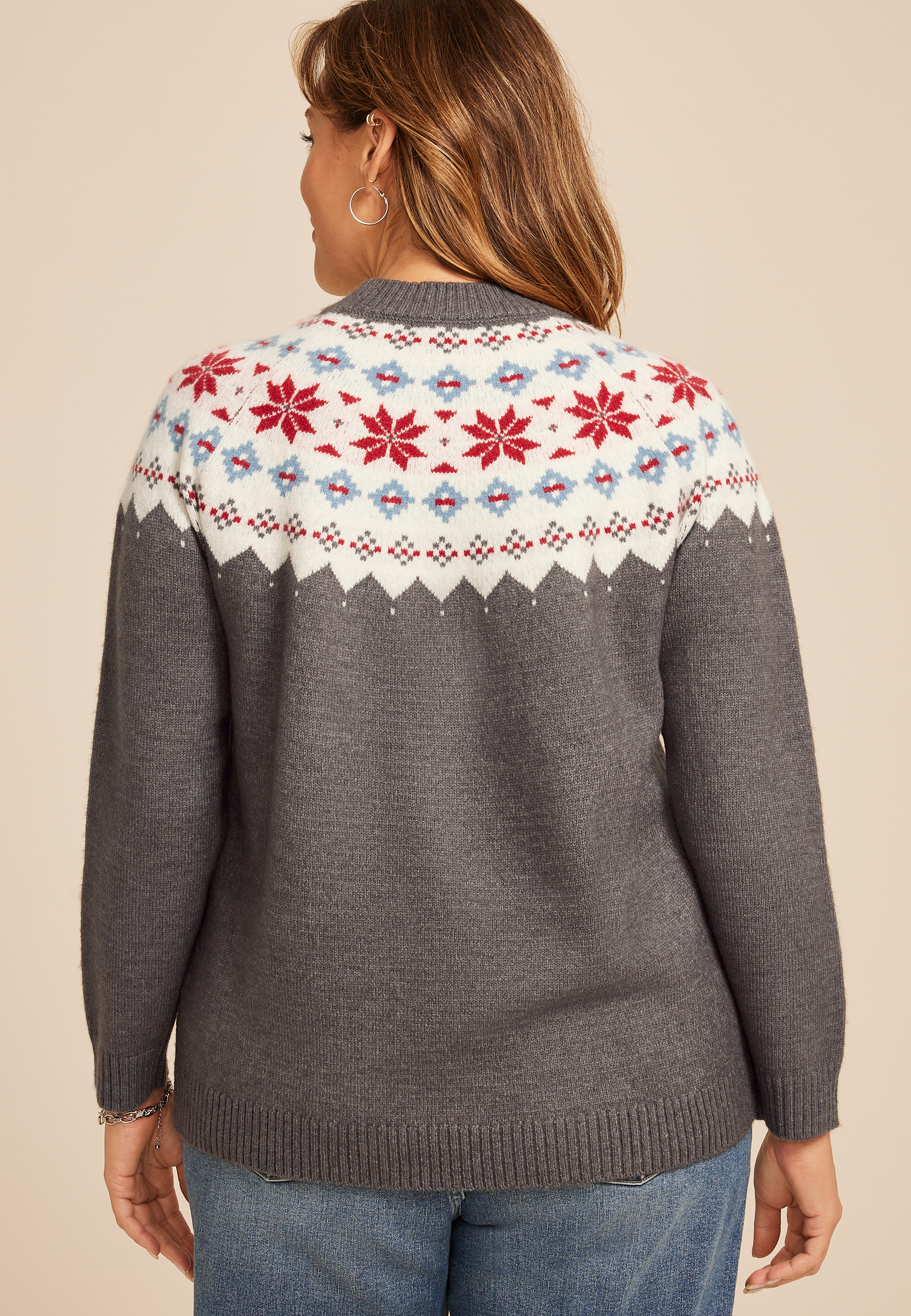 Plus Size Gray Fair Isle Crew Neck Sweater, , large