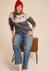 Plus Size Gray Fair Isle Crew Neck Sweater, , small