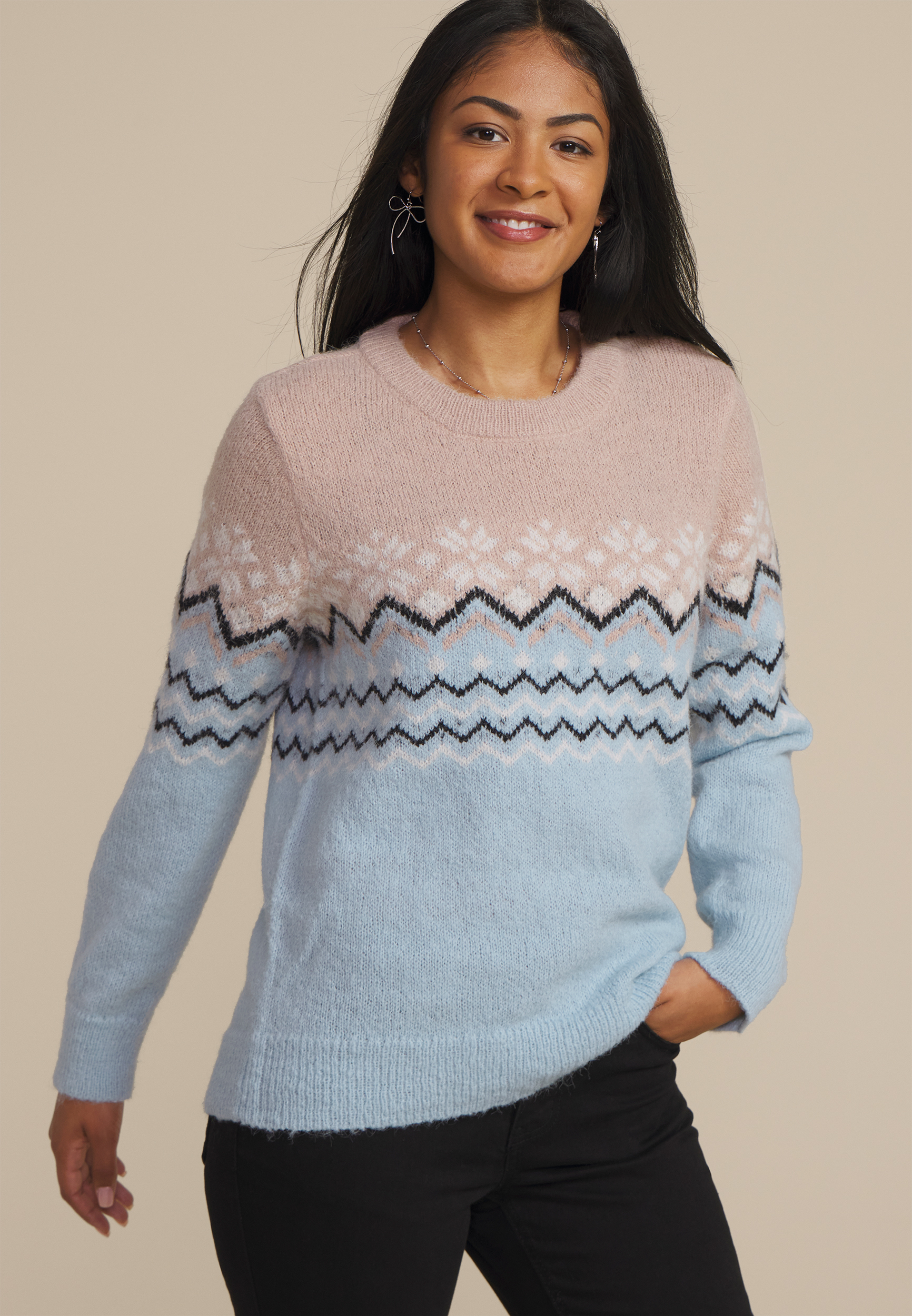 Snowflake Fair Isle Crew Neck Sweater, , large