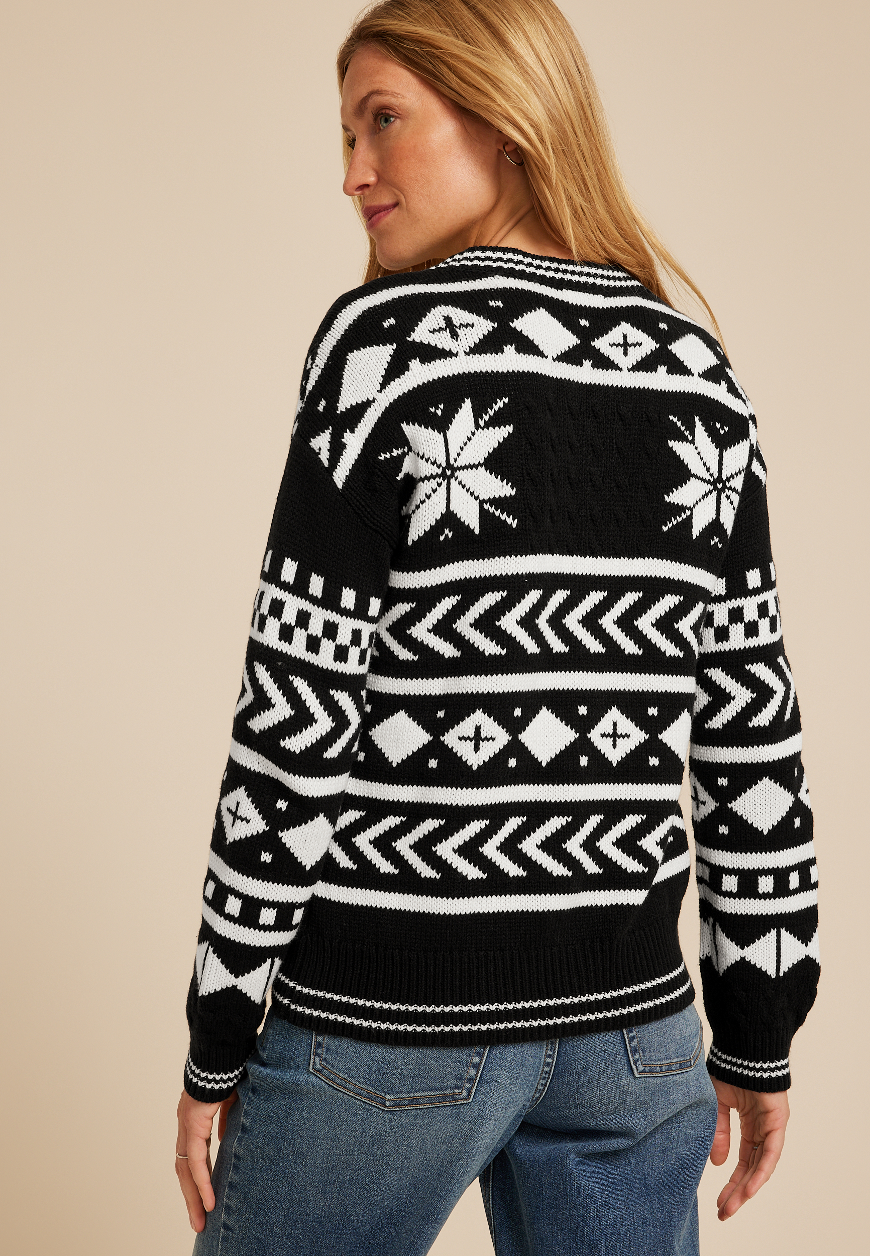 Nordic Snowflake Button Front Cardigan, , large