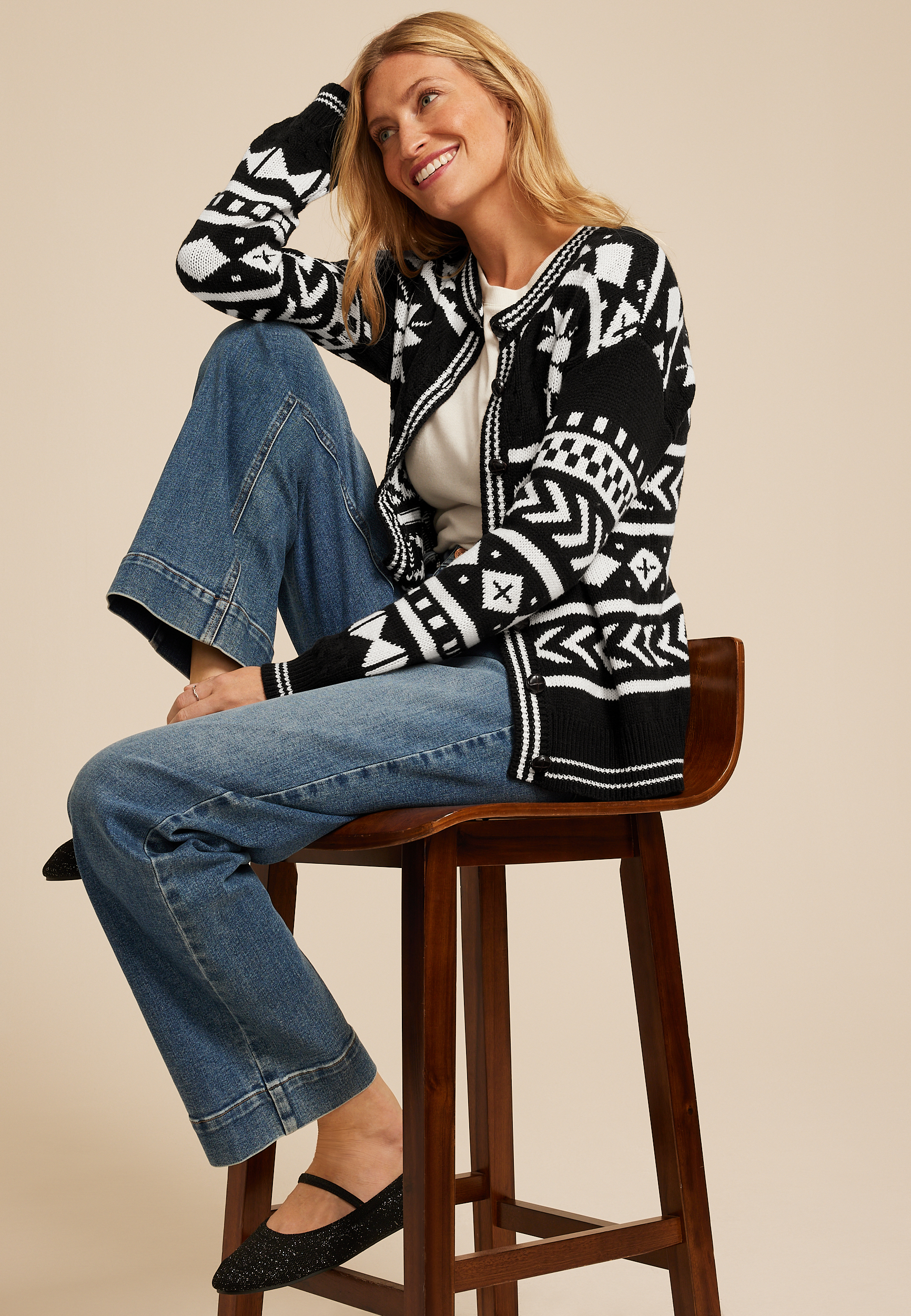 Nordic Snowflake Button Front Cardigan, , large