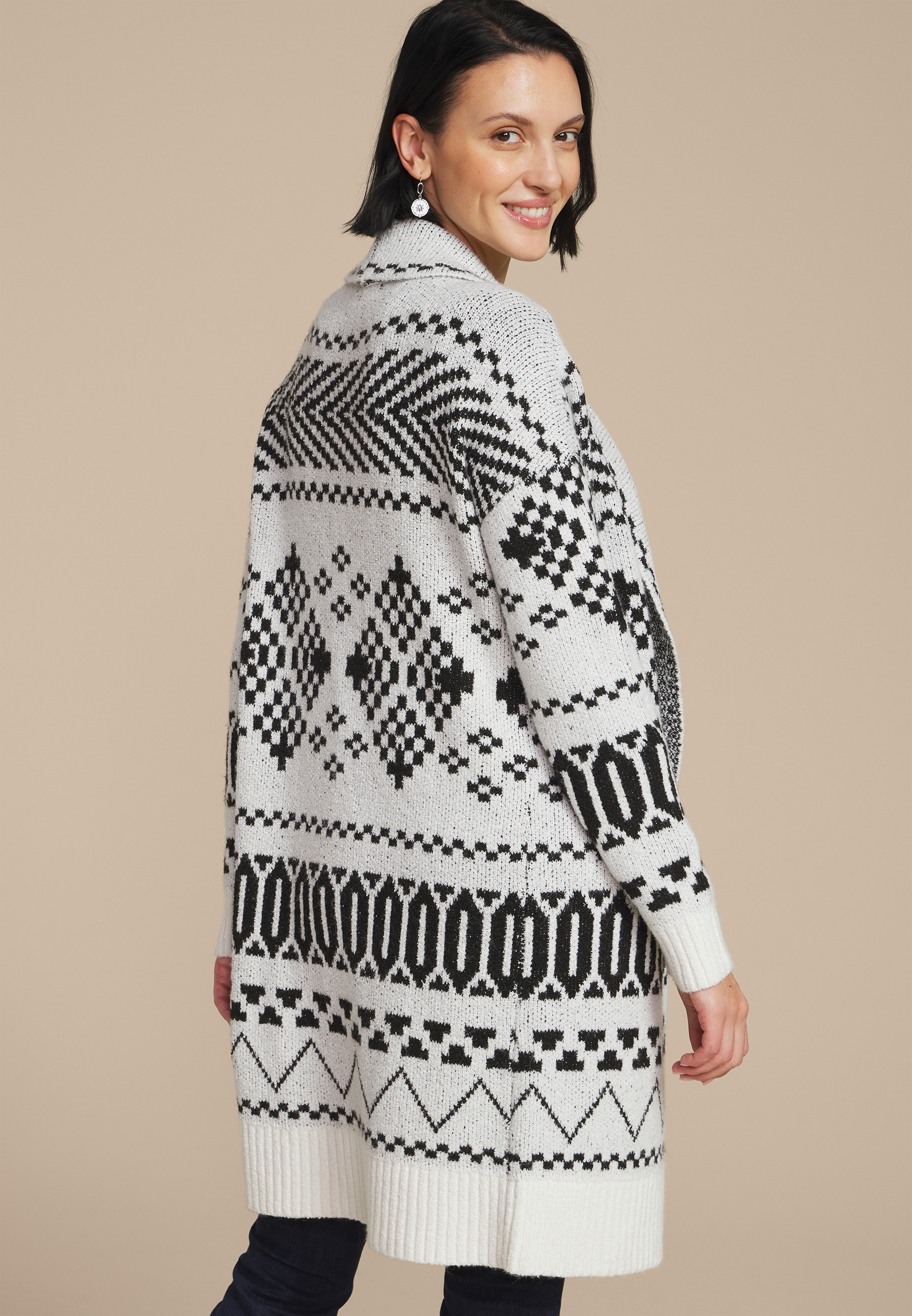 Black and White Fair Isle Shawl Cardigan, , large
