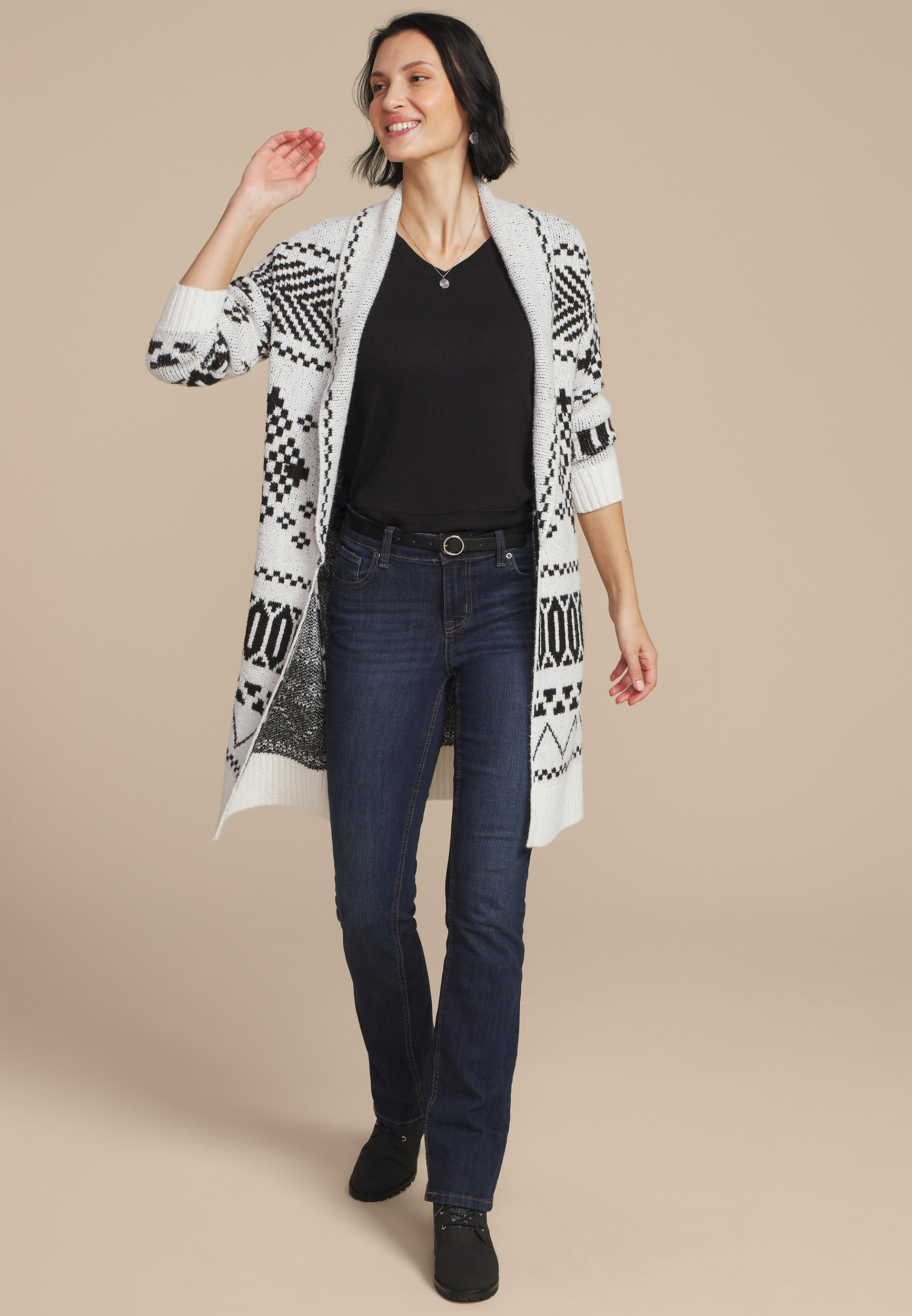 Black and White Fair Isle Shawl Cardigan, , large