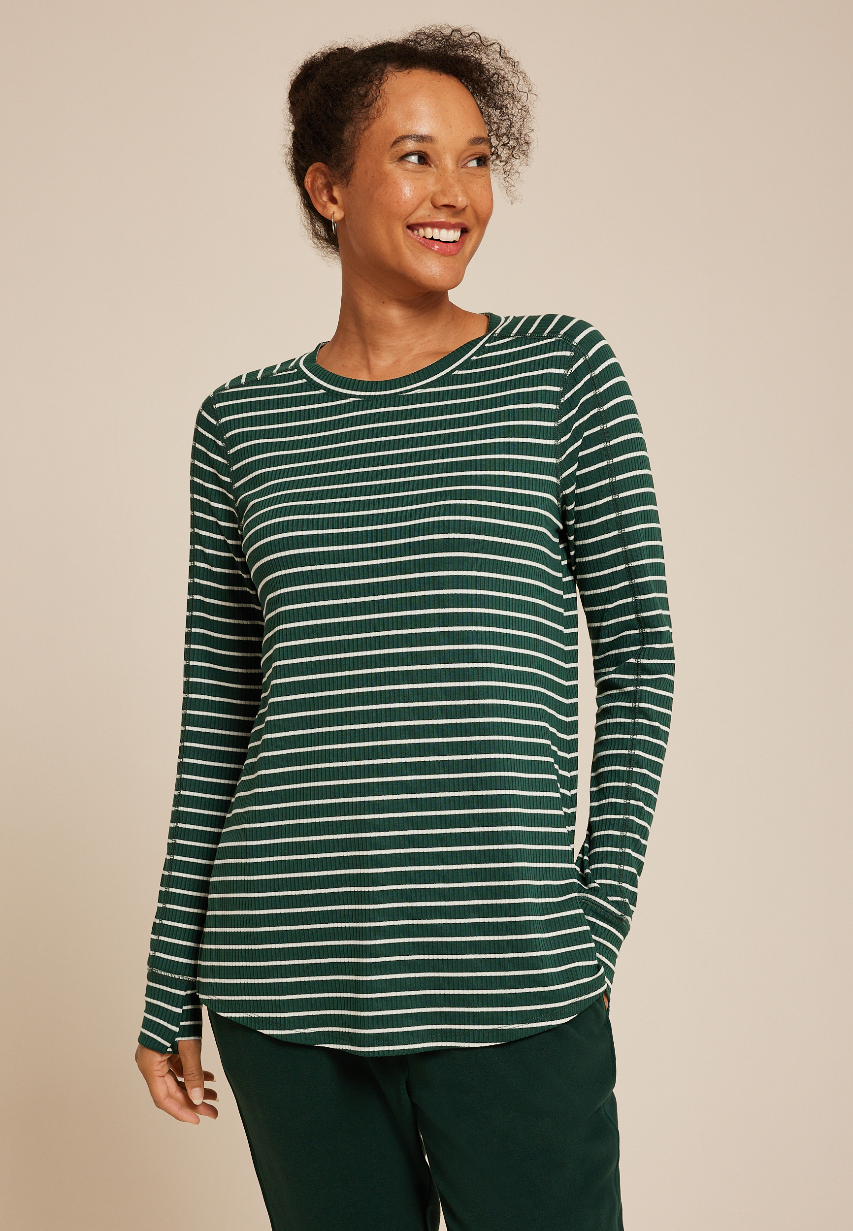 Green Striped Ribbed Tunic Top