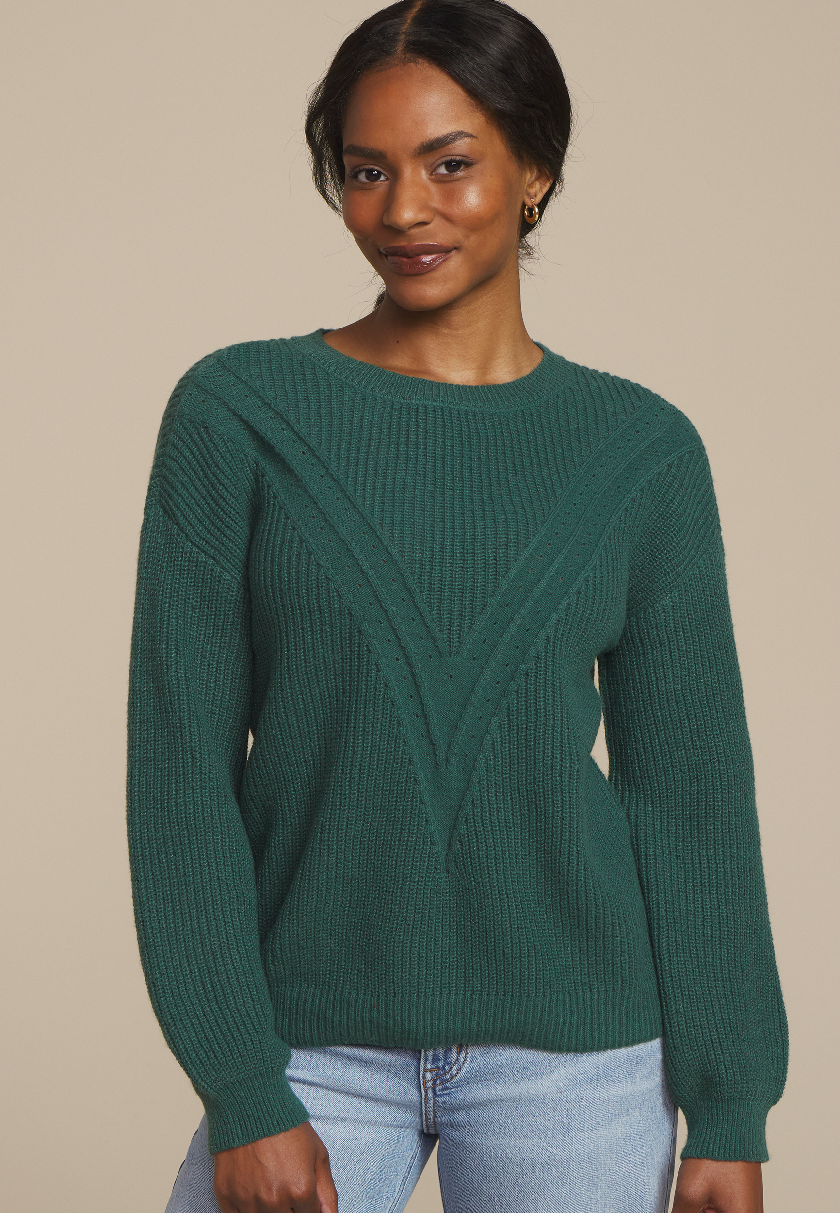 Green V Stitch Crew Neck Sweater