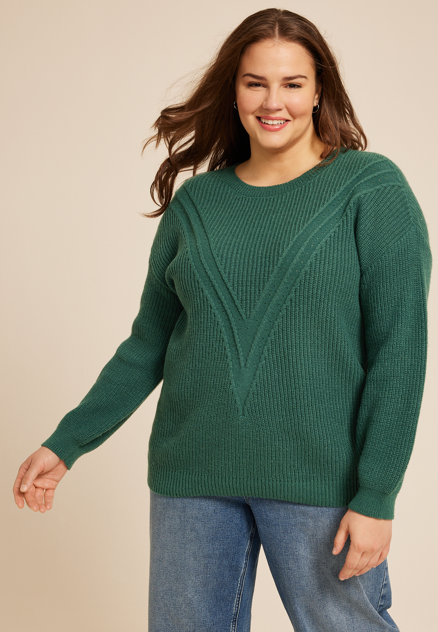 Plus Size Green V Stitch Crew Neck Sweater