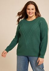 Plus Size Green V Stitch Crew Neck Sweater, MYRTL GREEN, small