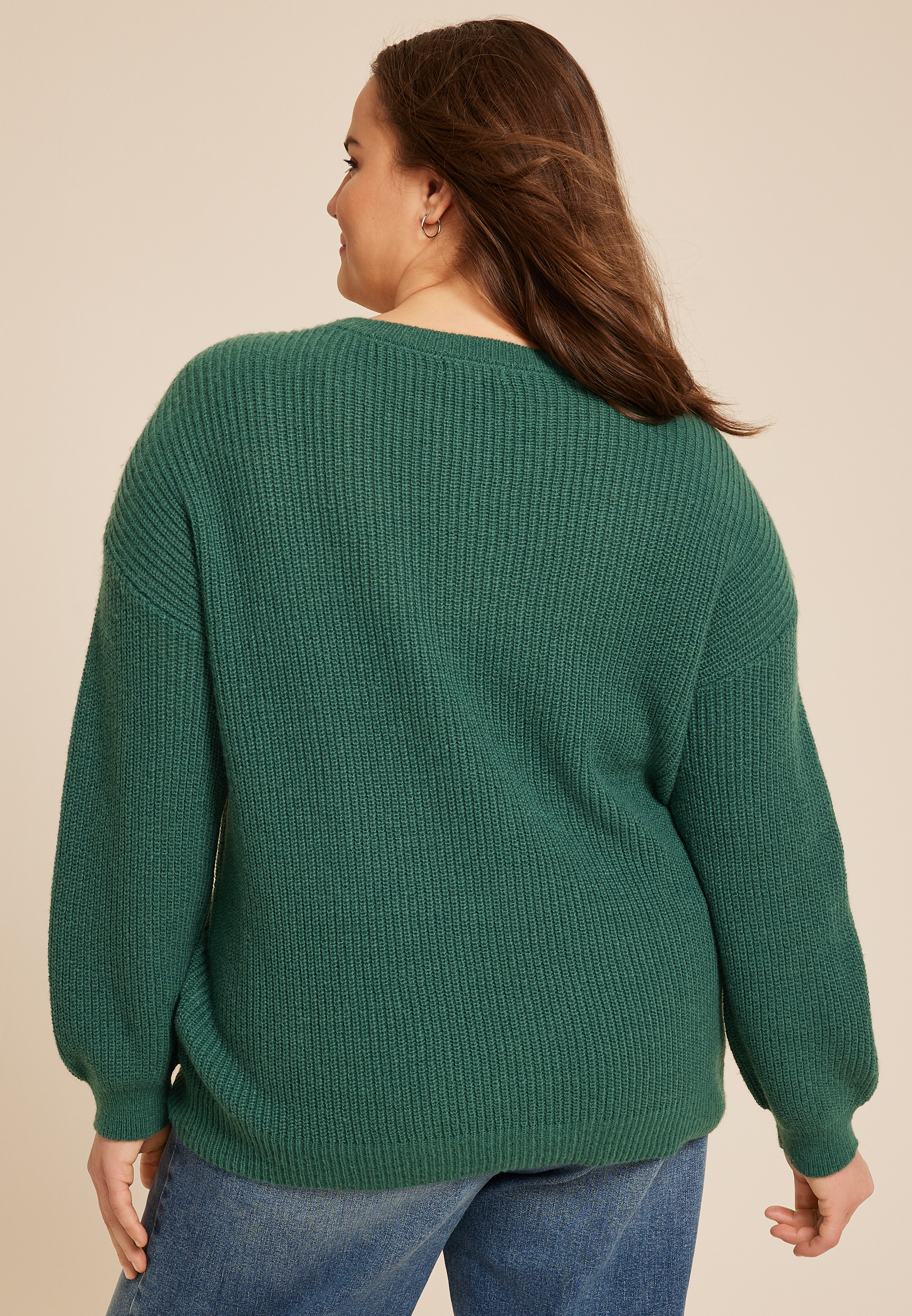 Plus Size Green V Stitch Crew Neck Sweater, MYRTL GREEN, large