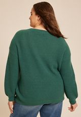 Plus Size Green V Stitch Crew Neck Sweater, MYRTL GREEN, small
