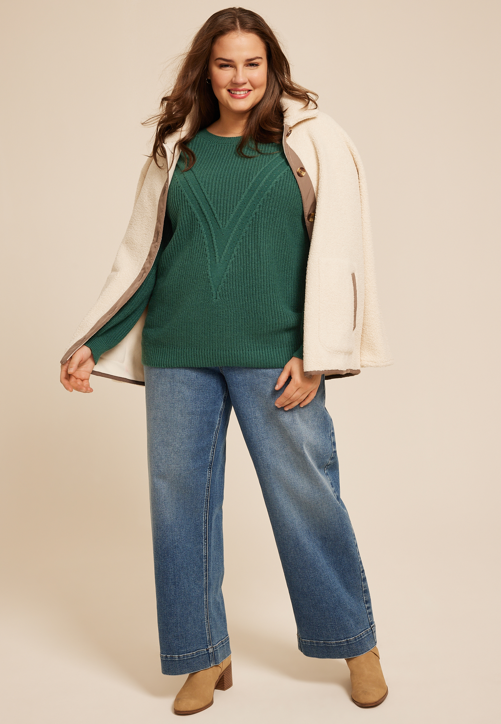 Plus Size Green V Stitch Crew Neck Sweater, MYRTL GREEN, large
