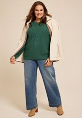 Plus Size Green V Stitch Crew Neck Sweater, MYRTL GREEN, small