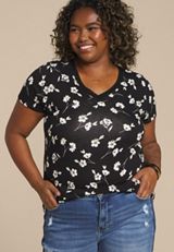 Plus Size 24/7 Mesh Trim Floral V Neck Tee, C1756, small