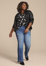 Plus Size 24/7 Mesh Trim Floral V Neck Tee, C1756, small