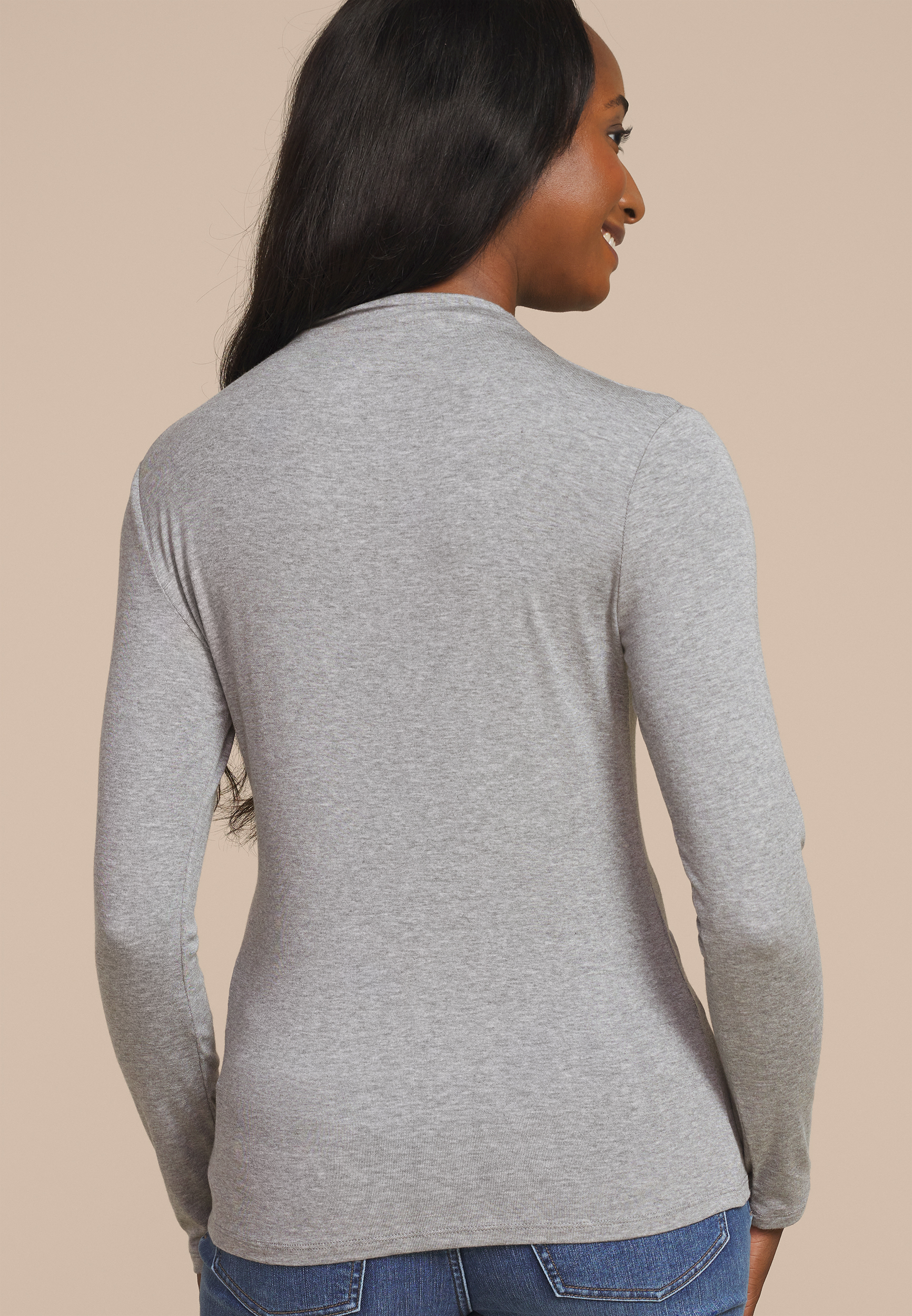 24/7 Heathered Gray Mock Neck Long Sleeve Tee, C3348, large
