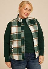 Plus Size Green Plaid Puffer Vest, , small