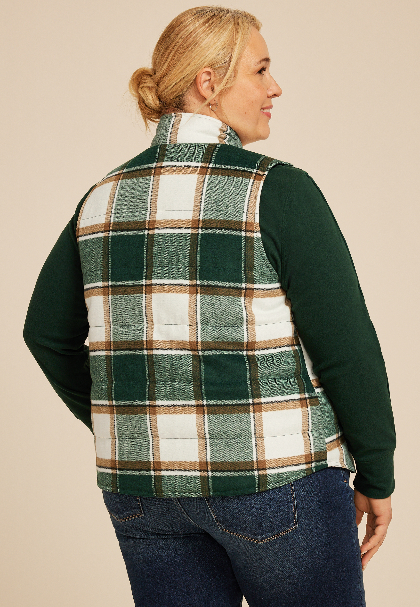 Plus Size Green Plaid Puffer Vest, , large