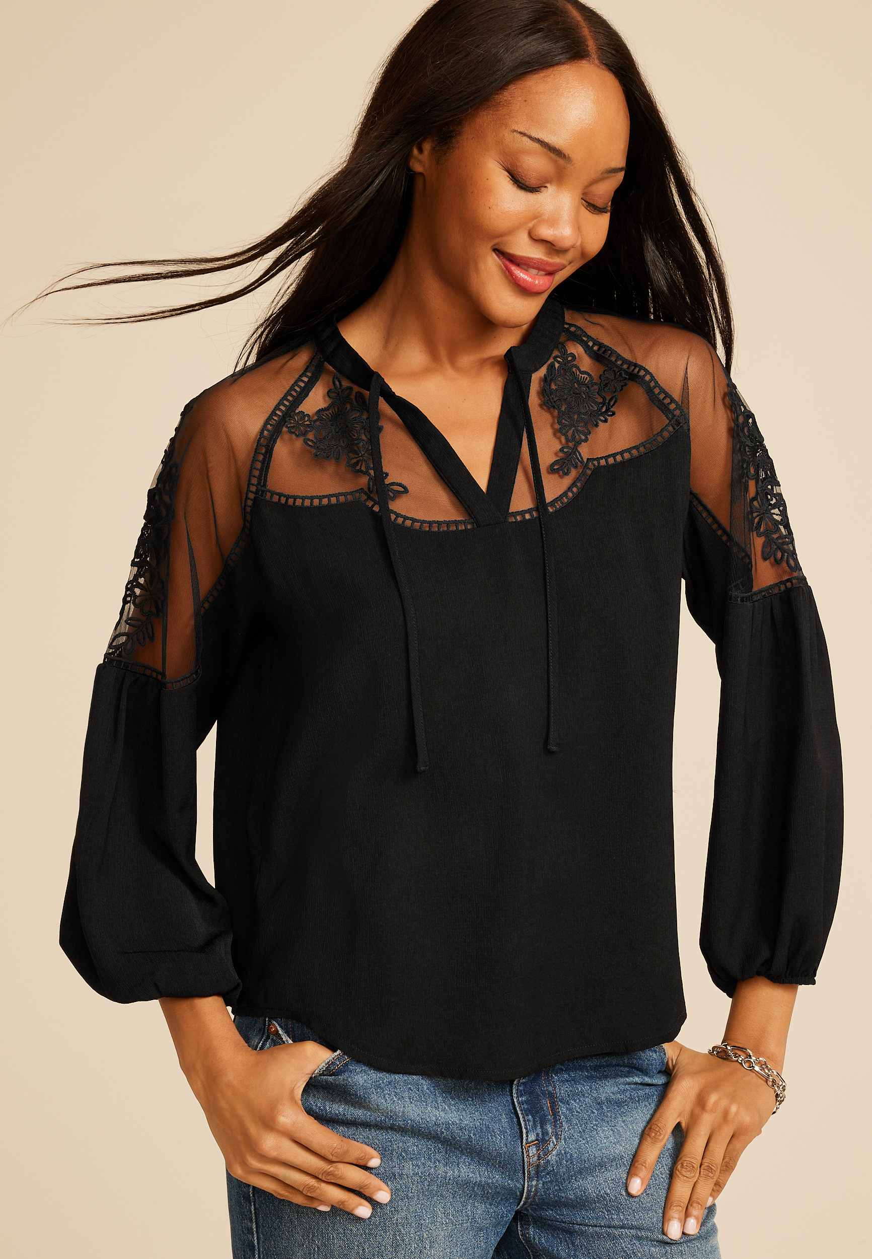 Floral Embroidered Sheer Yoke Peasant Blouse