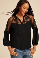 Studio Y Floral Embroidered Sheer Yoke Peasant Blouse, C106, small