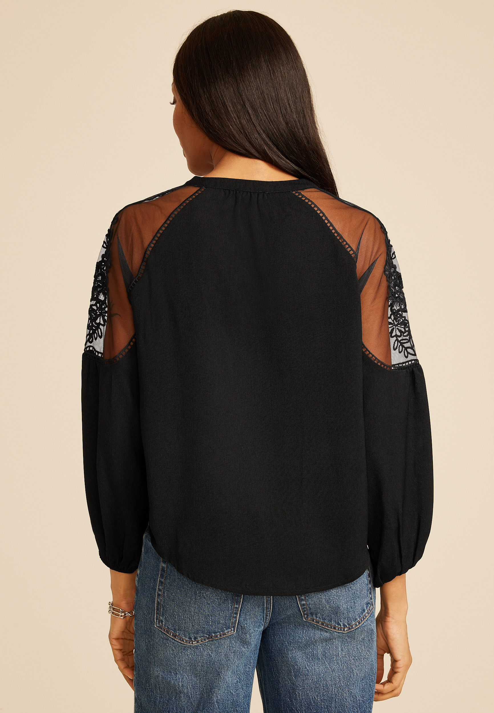 Studio Y Floral Embroidered Sheer Yoke Peasant Blouse, C106, large