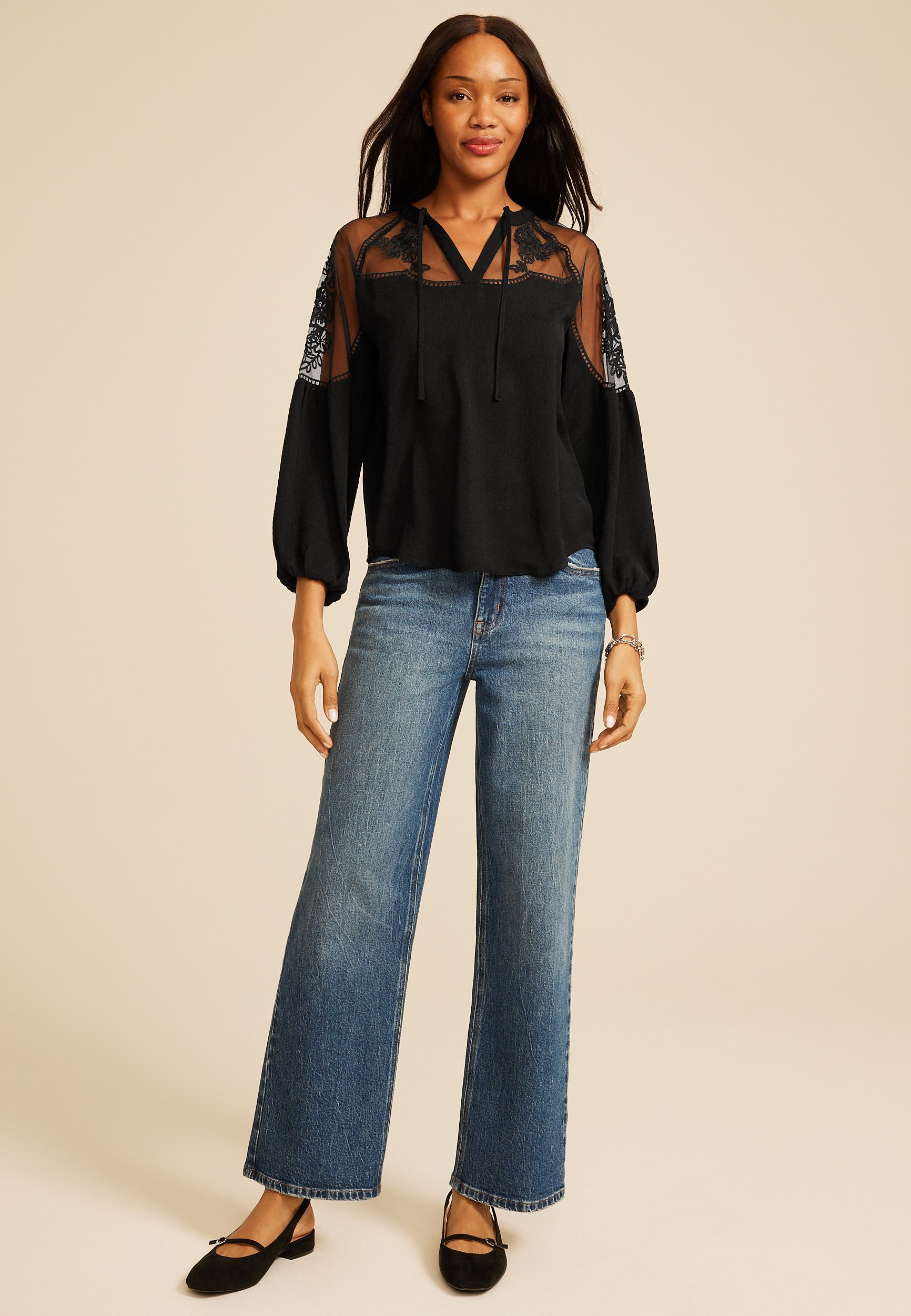 Studio Y Floral Embroidered Sheer Yoke Peasant Blouse, C106, large