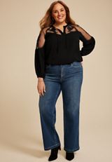 Plus Size Studio Y Floral Embroidered Sheer Yoke Peasant Blouse, C106, small