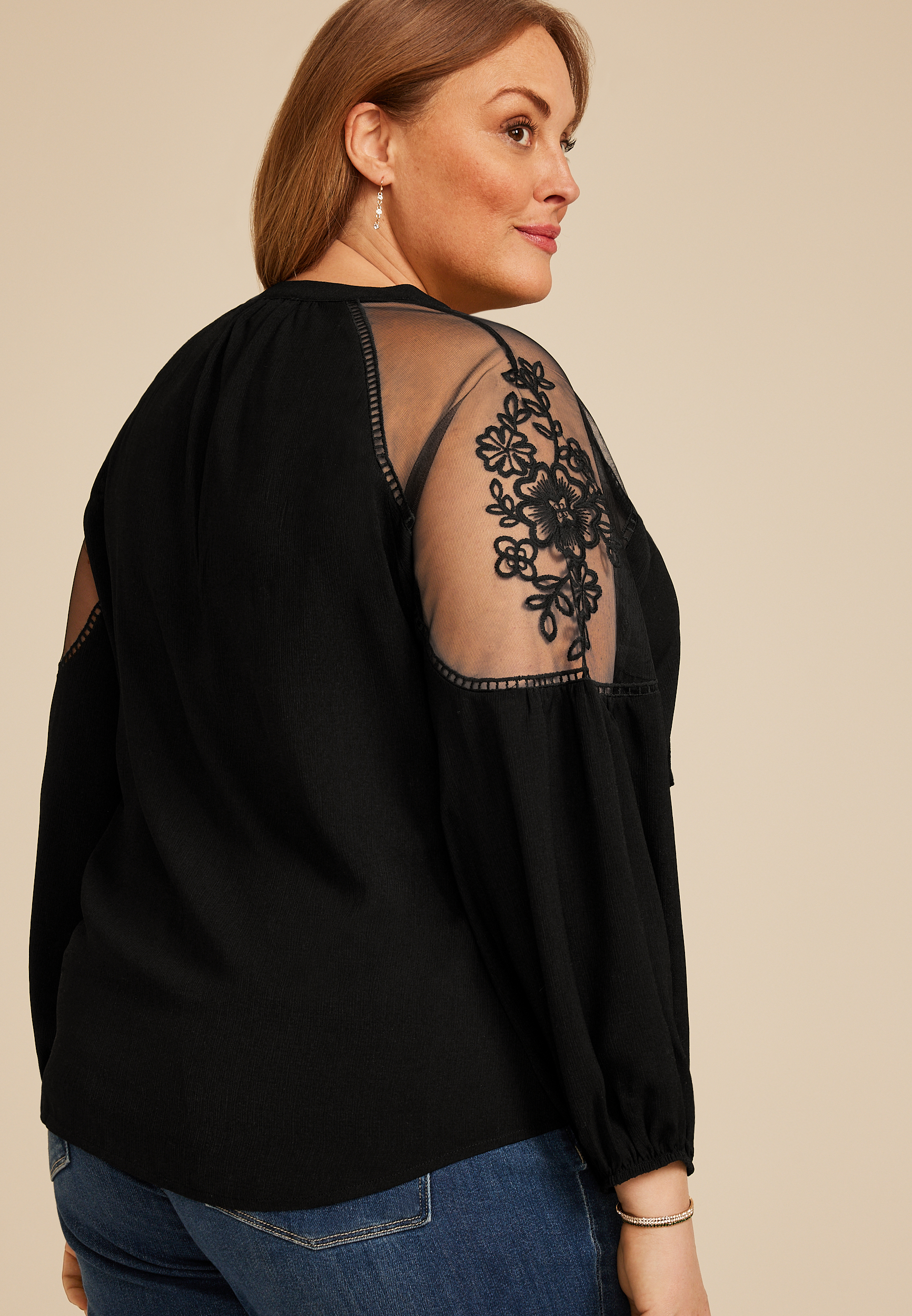 Plus Size Studio Y Floral Embroidered Sheer Yoke Peasant Blouse, C106, large