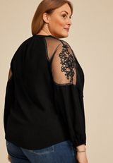 Plus Size Studio Y Floral Embroidered Sheer Yoke Peasant Blouse, C106, small
