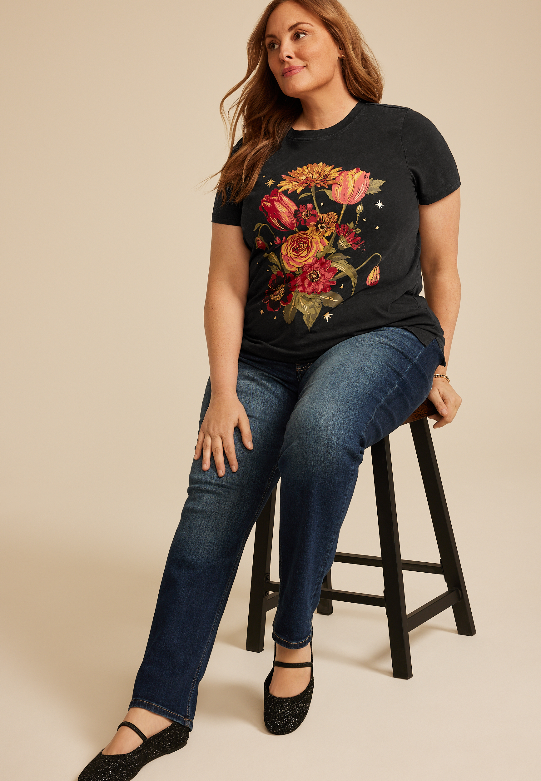 Plus Size Floral Classic Fit Graphic Tee, BLACK, large