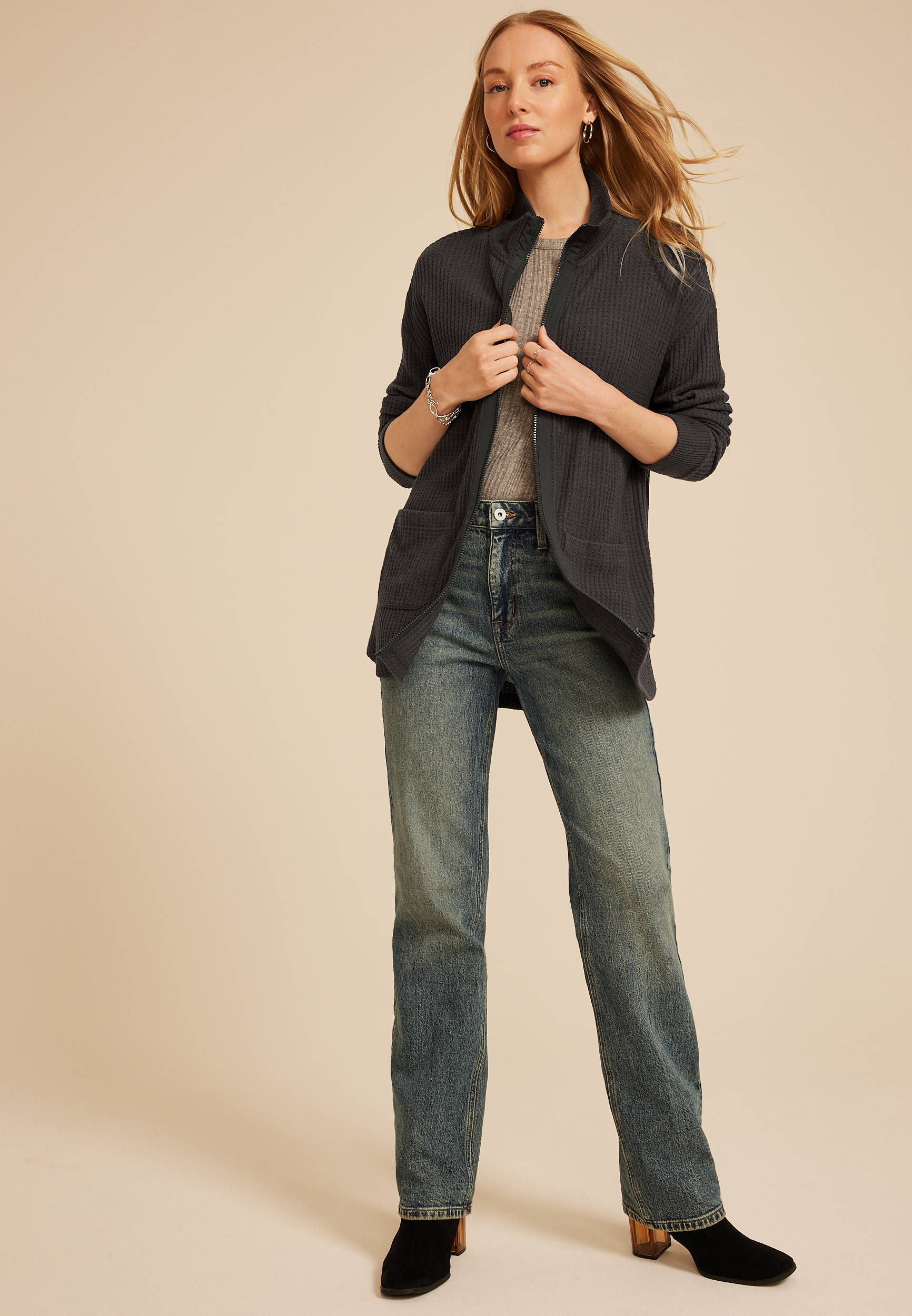 Cozy Waffle Zip Jacket, CHARCOAL, large