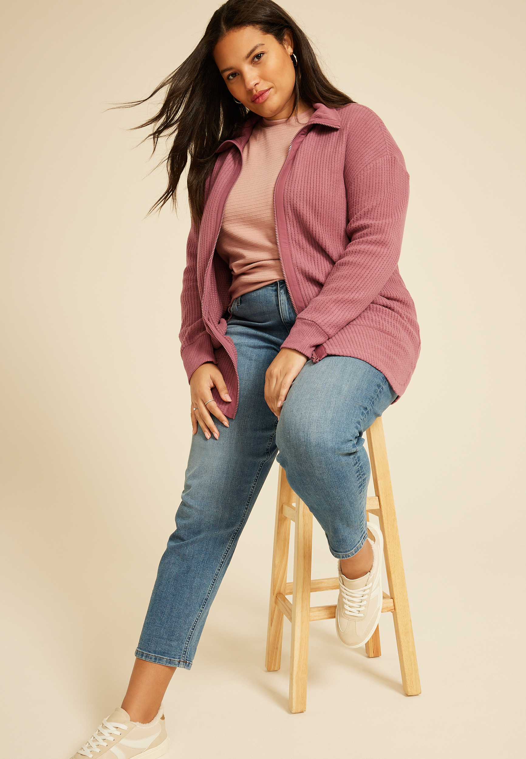Plus Size Cozy Waffle Zip Jacket, C6578, large