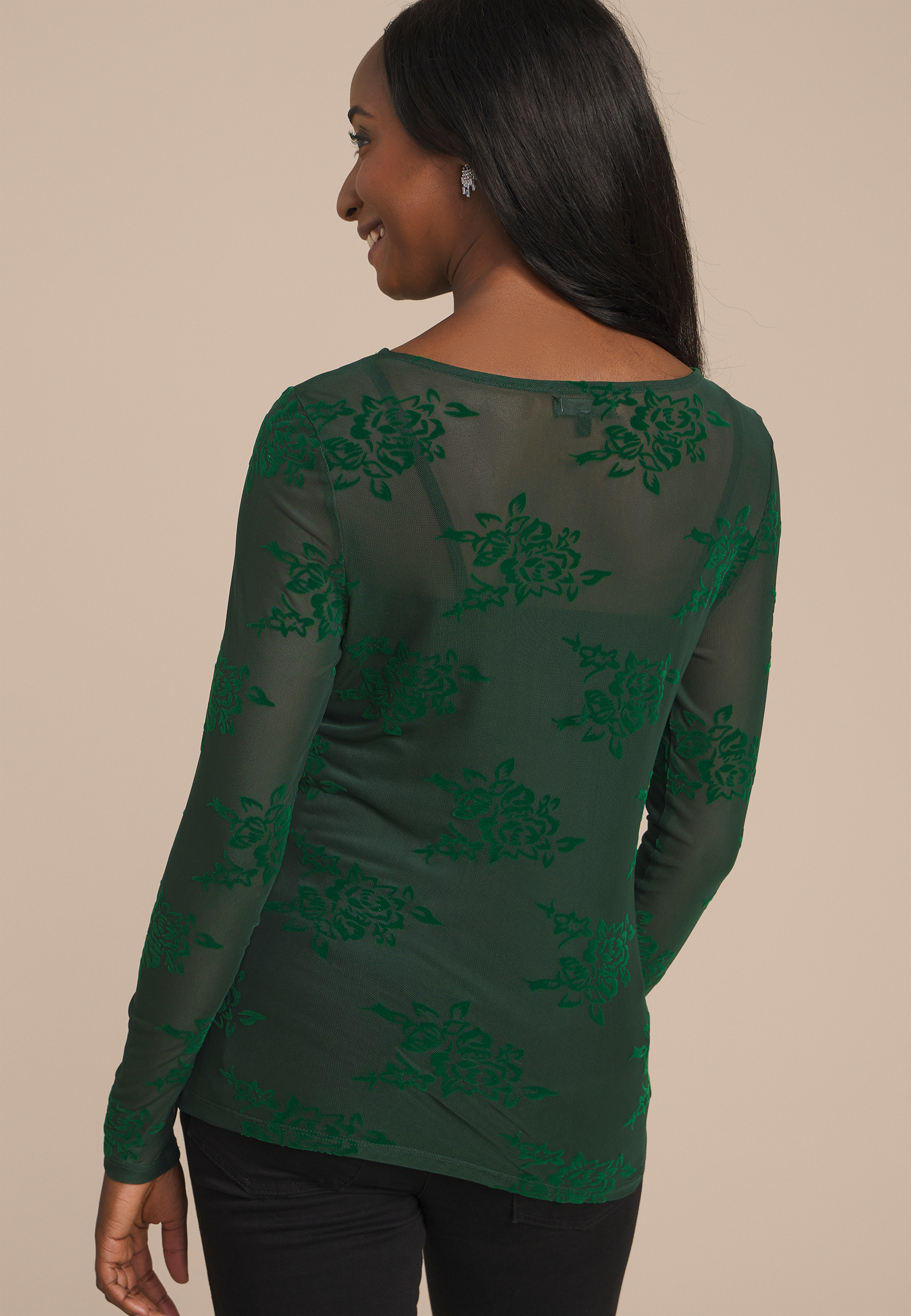 Studio Y Flocked Floral Mesh Top, MYRTL GREEN, large