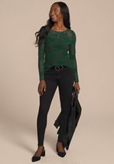 Studio Y Flocked Floral Mesh Top, MYRTL GREEN, small