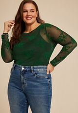 Plus Size Studio Y Flocked Floral Mesh Top, C1037, small