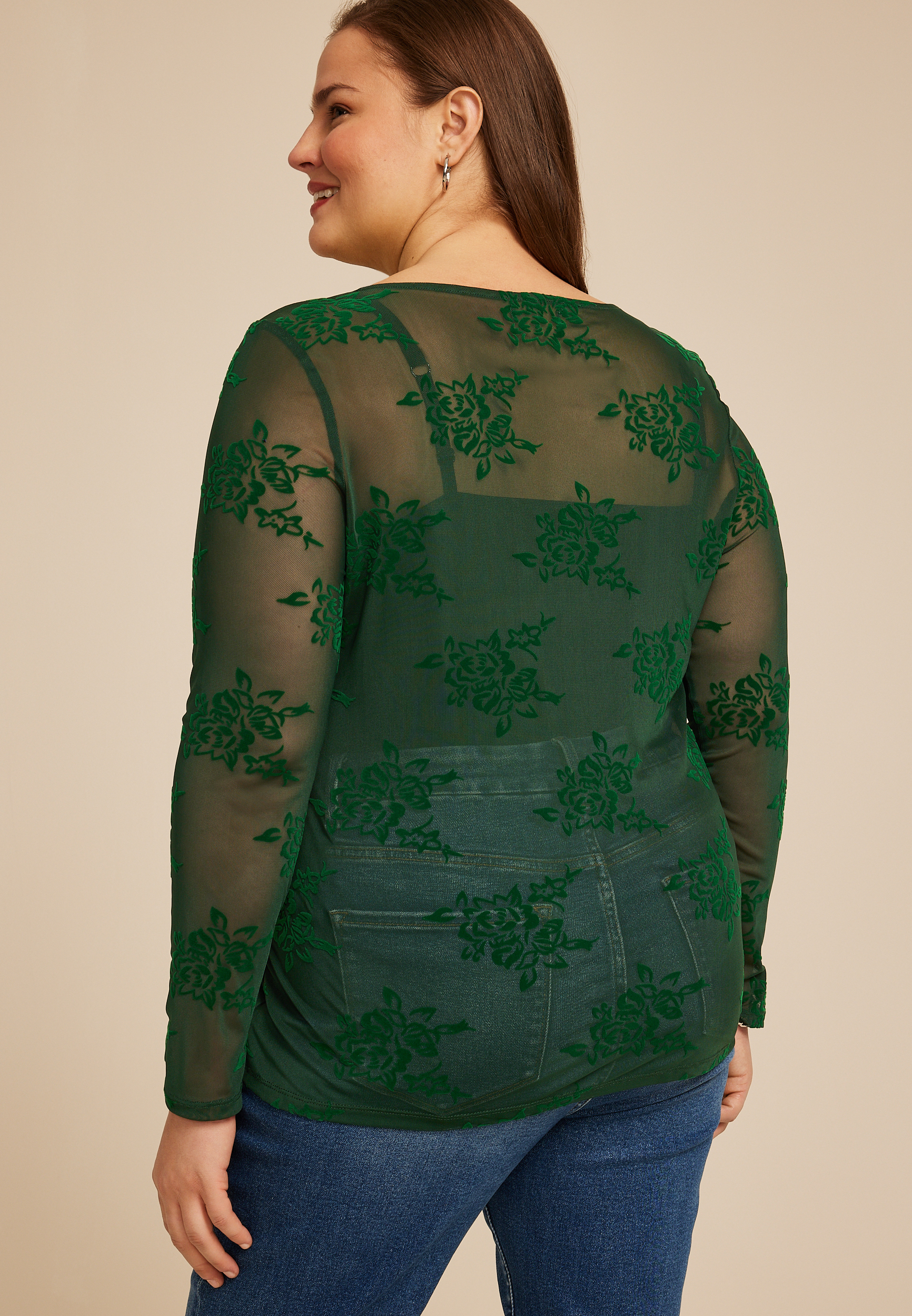 Plus Size Studio Y Flocked Floral Mesh Top, C1037, large