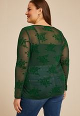 Plus Size Studio Y Flocked Floral Mesh Top, C1037, small