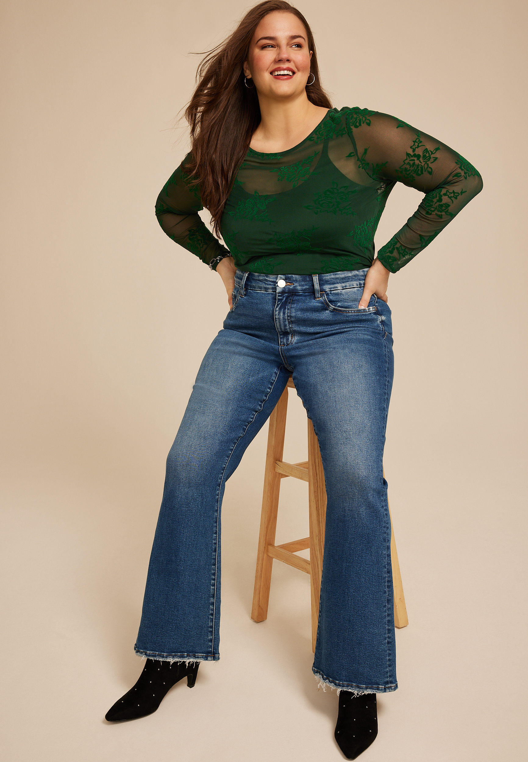 Plus Size Studio Y Flocked Floral Mesh Top, C1037, large