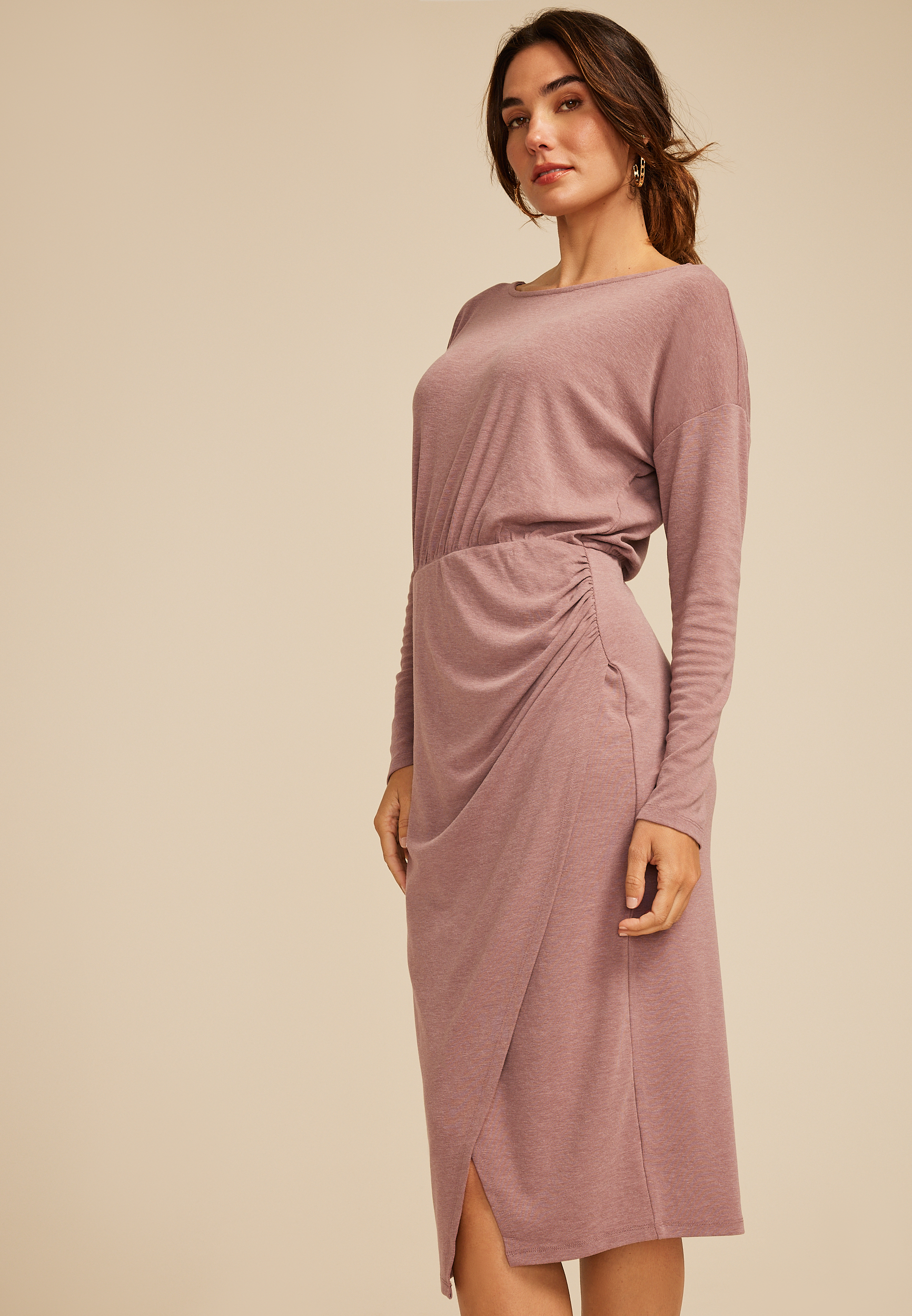 Mauve Boat Neck Faux Wrap Midi Dress, , large